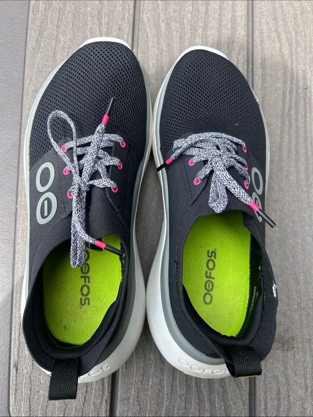 OOFOS Black Casual Sneakers with Neon Green Insoles and Pink Accents
